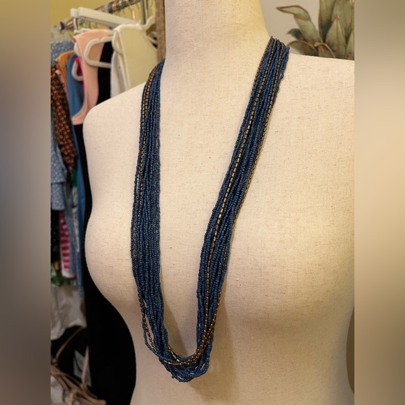 Avenue Blue and Gold Layered Seed Bead Necklace EUC - Picture 3 of 7